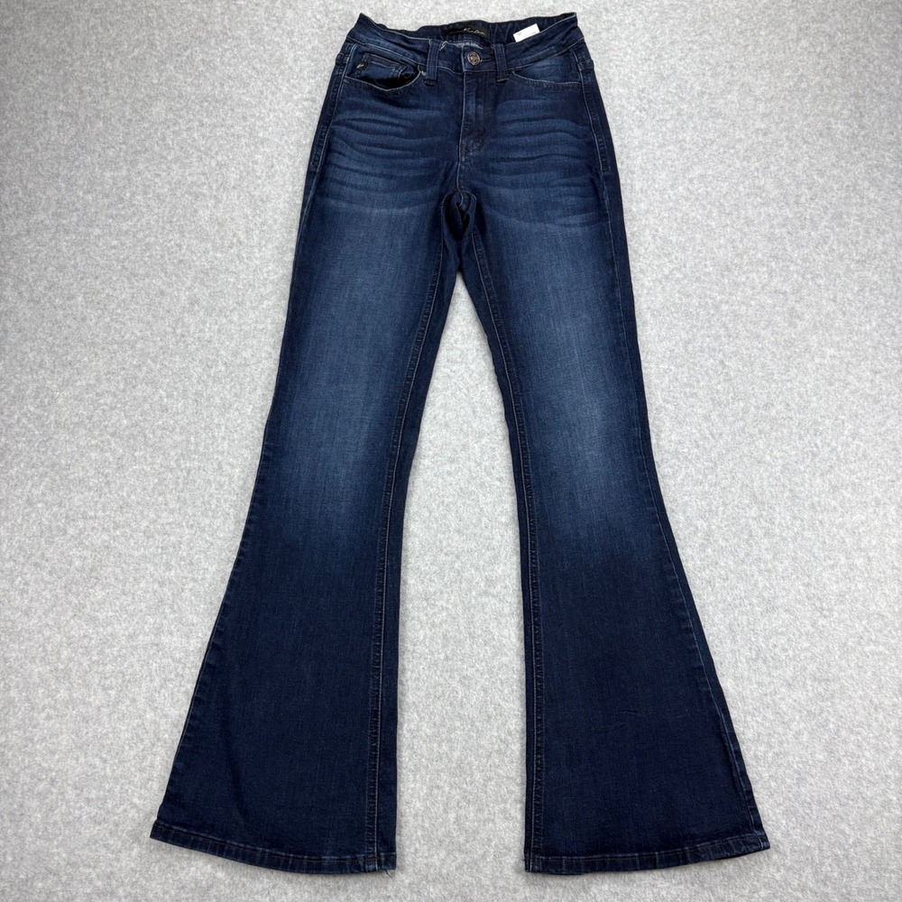 KanCan Jeans Womens 25 Blue Flare Stretch Whiskered Mid Rise Bell Bottom Boho